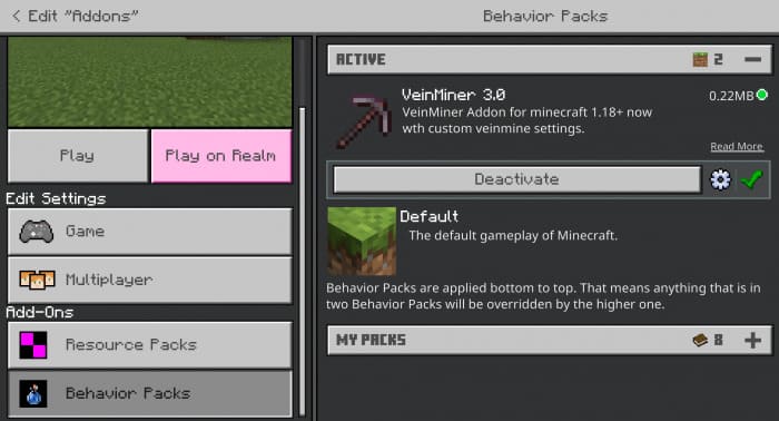 Настройка для Vein Miner